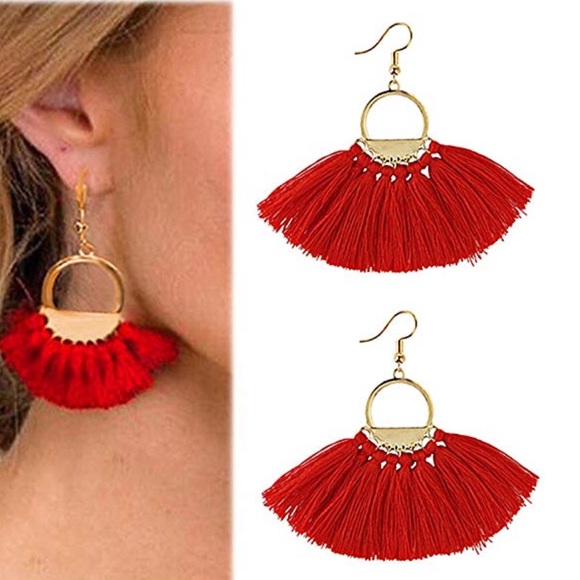 Red and gold fan shape tassel earring - Picture 1 of 4